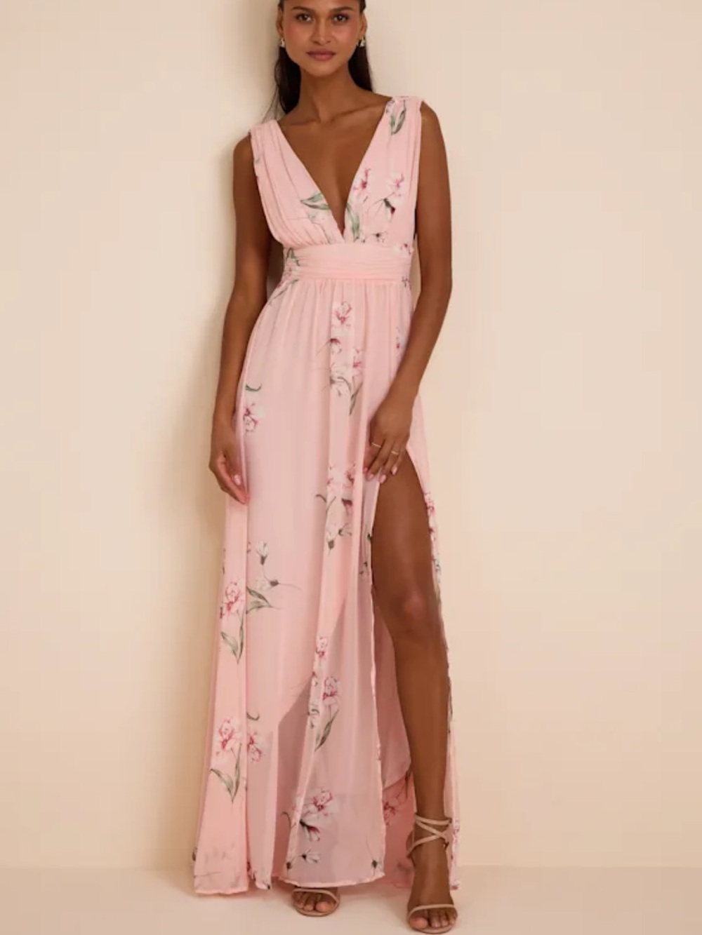 Lulu's Blush Pink Floral V-Neck Maxi Dress